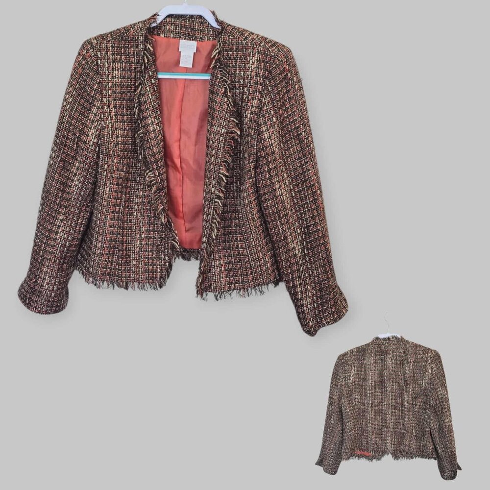 Studio C Tweed Blazer Business Casual Office Jacket Fringe Trim Womens Size 12